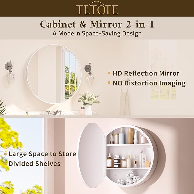 TETOTE 24 x 24 Inch Medicine Cabinet Mirror White Framed Round Mirrored Medicine Cabinets for Bathroom Adjustable Shelves Modern Bathroom Mirror with Storage Wall Mounted