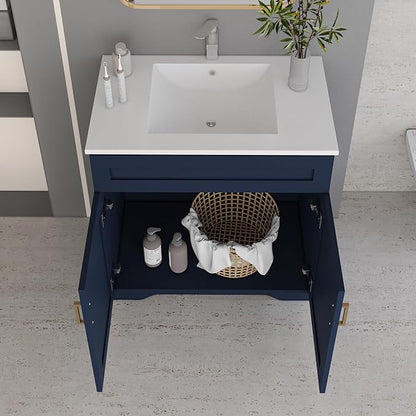 Bathroom 30" Vanity with Ceramic Sink, Wooden Double Door Bathroom Storage Cabinet, Freestanding Cabinet Vanity with Sink (Paint, Blue,30")
