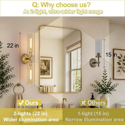 Indoi Wall Sconces Set of Two, Hardwired Brushed Gold Bathroom Sconces Wall Lighting with Amber Glass, Modern Sconces Wall Decor Set of 2 Vanity Light fixtures for Bathroom Mirror Bedroom