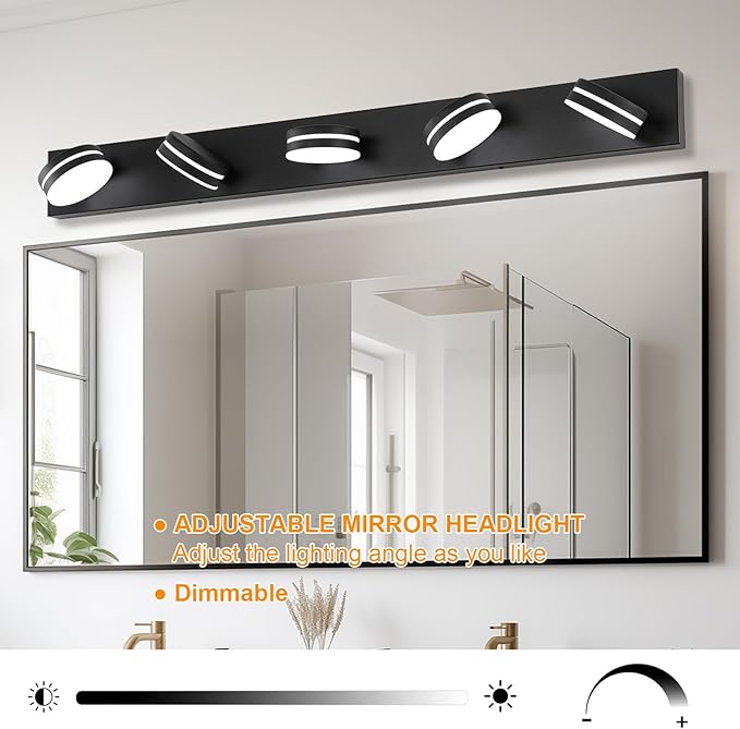 5-Light Bathroom Vanity Light, Modern LED Bathroom Light Fixture Over Mirror, Matte Black Bath Wall Lighting, Dimmable 5500K Vanity Lighting Fixture with 360°Rotable Head