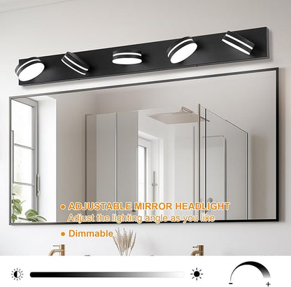 5-Light Bathroom Vanity Light, Modern LED Bathroom Light Fixture Over Mirror, Matte Black Bath Wall Lighting, Dimmable 5500K Vanity Lighting Fixture with 360°Rotable Head