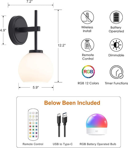 Black Wireless Rechargeable Wall Sconces with Remote Control, Battery Operated Wall Sconce Set of 2, LED Dimmable Wall Lights with Opal White Glass Shade, 12 Colors RGB & 3 CCT Bulb