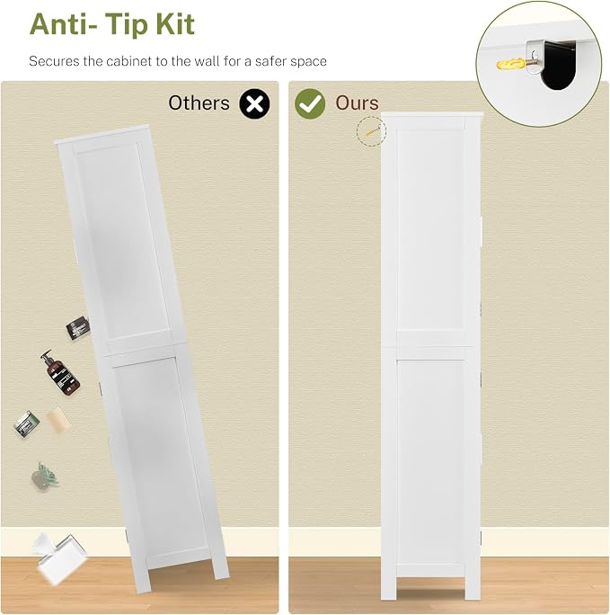 67” Storage Cabinet, Kitchen Pantry Cabinet with 4 Doors and 2 Adjustable Shelves, Cupboard, Tall Bathroom Cabinets for Dining Room, Living Room, White
