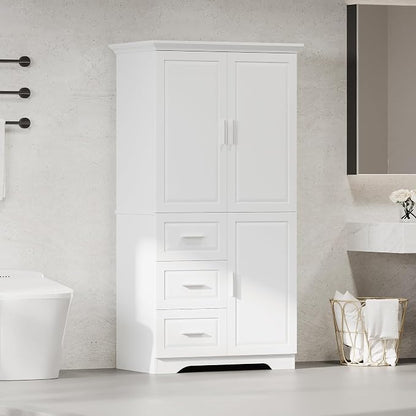 Merax 62.2" Pantry Cabinet with Three Doors & Three Drawers, Adjustable Shelves Storage Cupboard for Kitchen/Dining Room/Bathroom, White