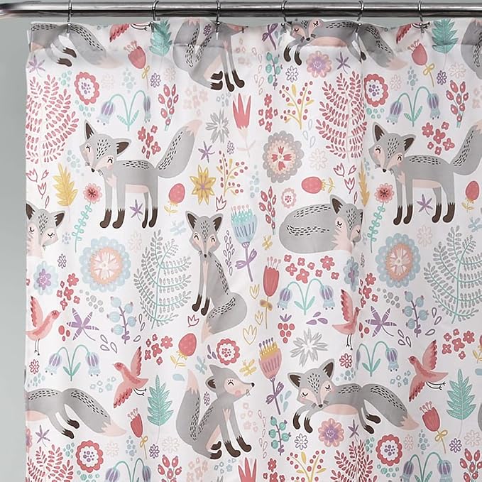 Lush Decor Pixie Fox Shower Curtain, 72" W x 72" L, Navy & Pink - Pink Shower Curtain - Fun Kids Floral & Animal Bathroom Decor