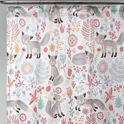 Lush Decor Pixie Fox Shower Curtain, 72" W x 72" L, Navy & Pink - Pink Shower Curtain - Fun Kids Floral & Animal Bathroom Decor