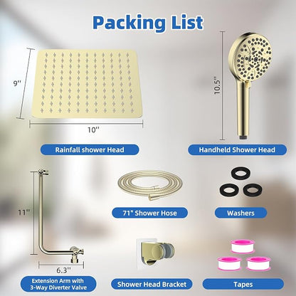 10" Metal Rainfall Shower Head with 10-Mode Handheld, Shiny Gold | NSF/ANSI/CAN 372 Certified, High Pressure Showerhead Combo with 11" Adjustable Shower Arm, 71" Hose, Shower Head Holder