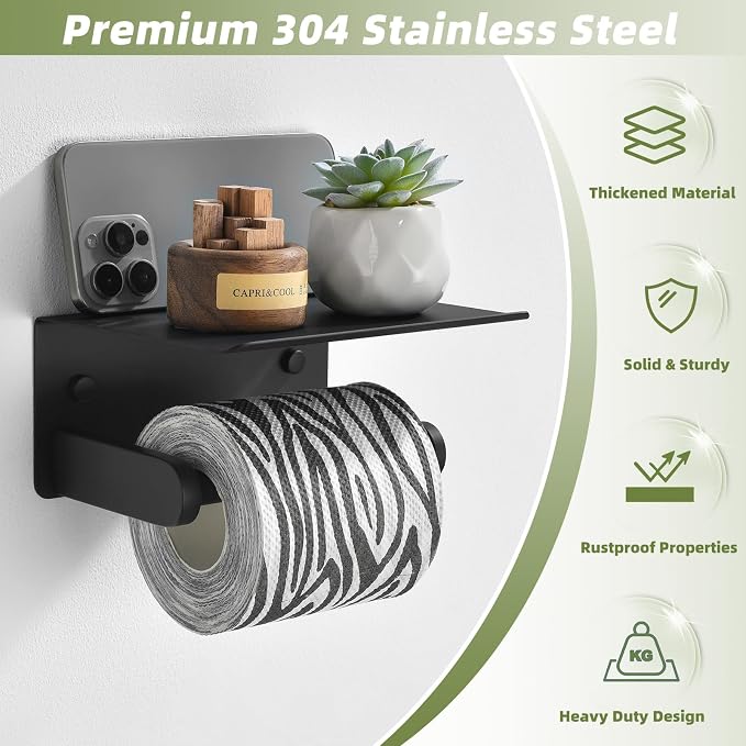 Toilet Paper Holder with Phone Shelf, Matte Black, Wall Mounted | 304 Stainless Steel, Rustproof Tissue Holder for Bathroom Restroom Powder Room, Paper Roll Dispenser, Large Phone Storage