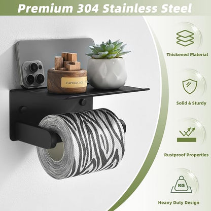 Toilet Paper Holder with Phone Shelf, Matte Black, Wall Mounted | 304 Stainless Steel, Rustproof Tissue Holder for Bathroom Restroom Powder Room, Paper Roll Dispenser, Large Phone Storage