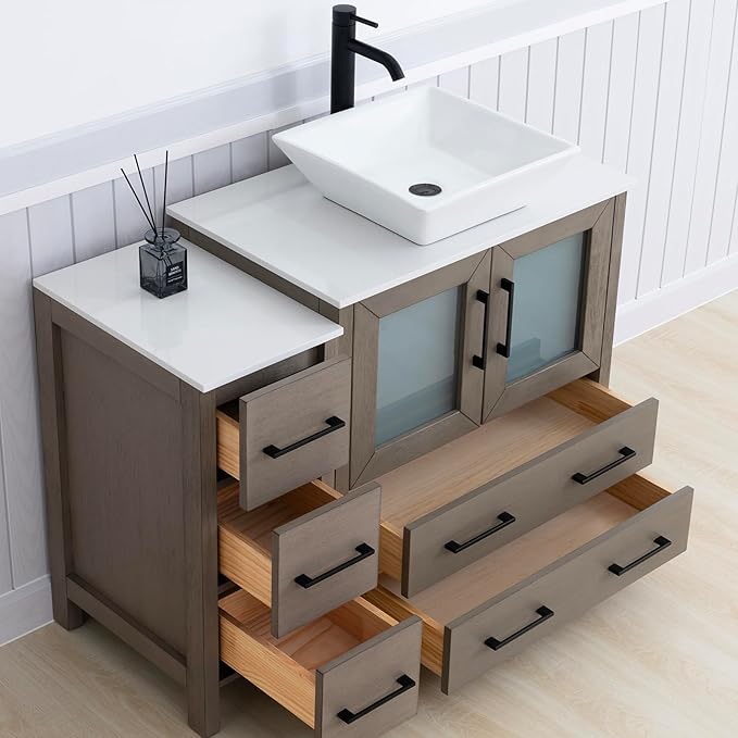 Vanity Art 42 Inch Vessel Single Sink Bathroom Vanity Cabinet with 1 Mirror, Engineered Marble Top Bathroom Cabinet Compact Set with 5 Dovetail Drawers and Soft Closing Doors, VA3130-42DG