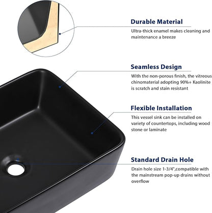 Sarlai Bathroom Vessel Sink - 19"x15" Modern Bathroom Sink Rectangular Above Counter Black Porcelain Ceramic Bathroom Vessel Vanity Sink Art Basin