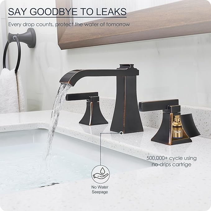 Oil Rubbed Bronze Bathroom Faucet 3 Hole, Brass Waterfall 8 Inch Widespread Bathroom Sink Faucet with Pop-Up Drain, cUPC Supply Lines, 2 Handles for Vanity, Farmhouse, Hollowed Design