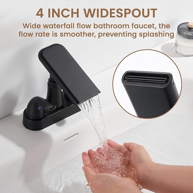Matte Black Bathroom Faucet 4 Inch Centerset, Waterfall Plastic Bathroom Sink Faucet with Pop Up Drain & Overflow, Dual Handle 360° Swivel Spout, Fits 2 or 3 Hole Lavatory Sink, Modern Design