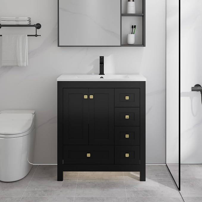 LUCKWIND 30" Bathroom Vanity and Sink Combos, Modern Bathroom Storage Painted Cabinet with Undercounter Resin Single Sink Top, Matte Black Faucet and 5 Drawers, Mirror Not Included, Black