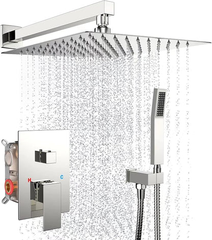 Chrome Rain Shower System Faucet Set with Handheld, 10 inch | Solid Metal Wall Mount Rainfall Shower Set with Safe Anti-Scald Valve, Air Injection High Pressure Water Saving Combo