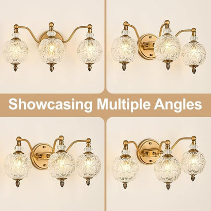 Vintage Bathroom Vanity Light, 3-Light Mid Century Matte Antique Brass Finish Wall Sconce with Globe Glass Shades, Retro Mirror Light for Bathroom, Powder Room