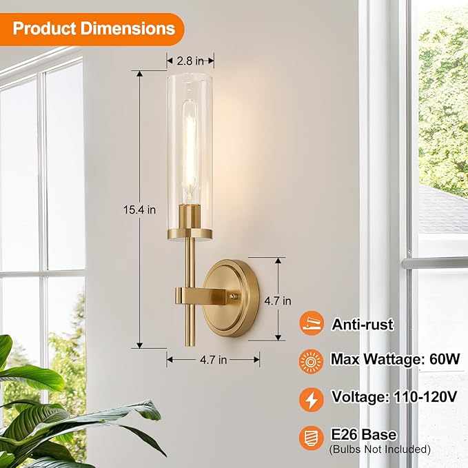 [Hardwired] Wall Sconces Set of Two, Brushed Gold Bathroom Sconces with Clear Glass, Modern Wall Light Fixtures for Bathroom Mirror Vanity, Living Room, Bedroom, Hallway, Stairway, Cabinet, Foyer