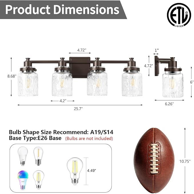 4 Light Bathroom Vanity Light Fixtures Farmhouse Oil Rubbed Bronze | ETL Certificate, Easy to Install,Wall Mount Up or Down,Hammered Glass Lampshade,E26 Socket,Hardwired,120V