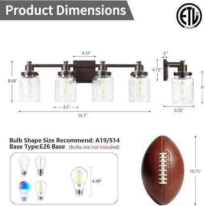 4 Light Bathroom Vanity Light Fixtures Farmhouse Oil Rubbed Bronze | ETL Certificate, Easy to Install,Wall Mount Up or Down,Hammered Glass Lampshade,E26 Socket,Hardwired,120V