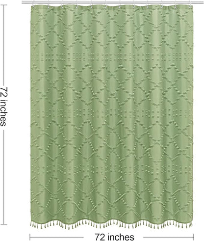 Sage Boho Woven Fabric Shower Curtain with Tassel 72 x 72, Tufted Textured | Modern Farmhouse Curtain for Bathroom, Standard Bathroom Curtain, Minimalist Decor, Waterproof