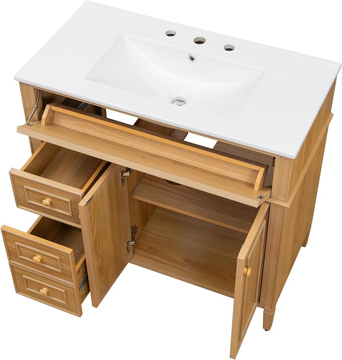 36" Modern Bathroom Vanity with Ceramic Sink, Tilt-Out Drawer & 2 Drawers, Solid Wood Frame Freestanding Storage Cabinet w/2 Soft-Close Doors & Adjustable Shelf, Rubberwood Handles, Wood