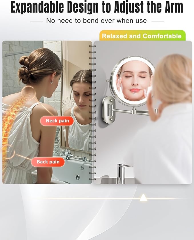30X/1X 8 Inch Wall Mounted Magnifying Makeup Mirror with Light for Bathroom | Double Sided 3500mAh Rechargeable LED Lighted Vanity Mirror with Magnification 3 Color Light up Extended Arm 360 Rotation