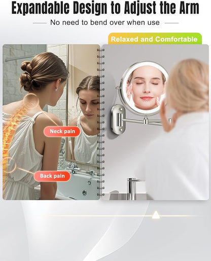 30X/1X 8 Inch Wall Mounted Magnifying Makeup Mirror with Light for Bathroom | Double Sided 3500mAh Rechargeable LED Lighted Vanity Mirror with Magnification 3 Color Light up Extended Arm 360 Rotation