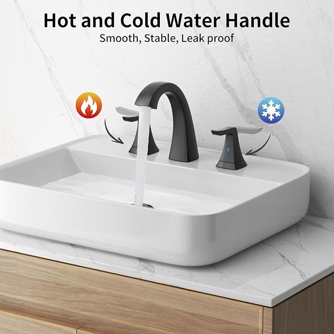 3-Hole Bathroom Sink Faucet - SR SUN RISE NSF Certified 8-inch Matte Black Faucets with Pop-up Drain Assembly, 2 Handles, 2 Water Supply Lines, Matte Black