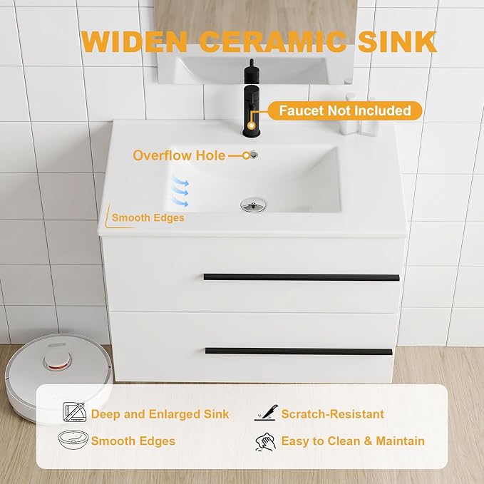 72 Inch Floating Double Sink Bathroom Vanity, Modern Bathroom Vanity with Double Sink, Wall Mounted Bathroom Vanity Cabinet with Large Storage Drawers,Open Storage Shelf, White