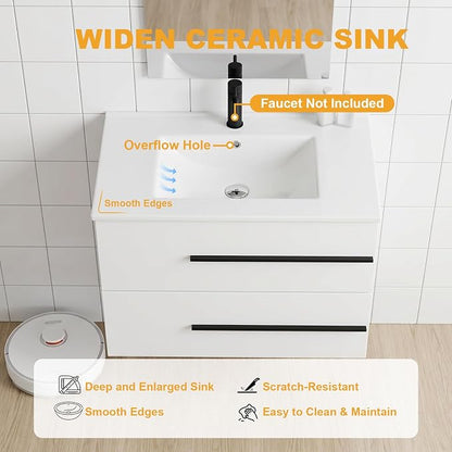 72 Inch Floating Double Sink Bathroom Vanity, Modern Bathroom Vanity with Double Sink, Wall Mounted Bathroom Vanity Cabinet with Large Storage Drawers,Open Storage Shelf, White