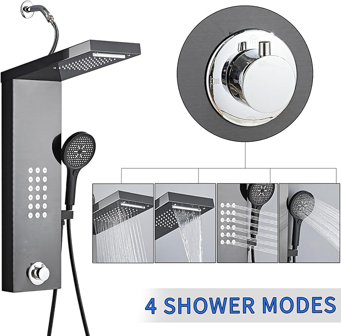 Shower Panel Tower System,Rain Shower Head Rainfall Waterfall Shower,Handheld High Pressure Rain Massage System(Black)