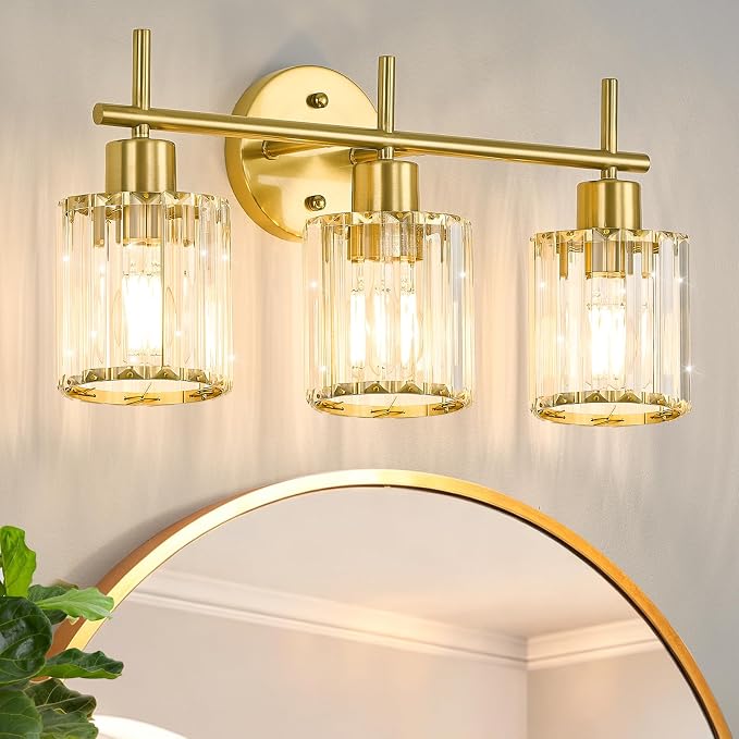 Brushed Gold Bathroom Light Fixtures, Round, 3-Light | Vanity Lights with Crystal Shades, Modern Bathroom Lighting Fixtures over Mirror (Bulbs Not Included, E26)