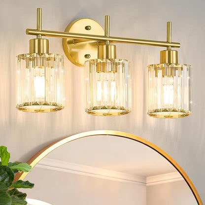 Brushed Gold Bathroom Light Fixtures, Round, 3-Light | Vanity Lights with Crystal Shades, Modern Bathroom Lighting Fixtures over Mirror (Bulbs Not Included, E26)