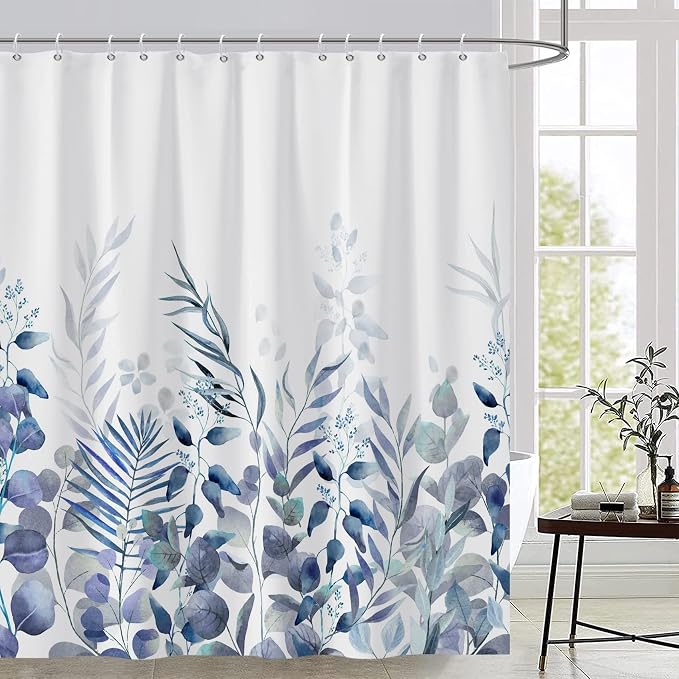 AWERT Shower Curtain Plants for Bathroom,Waterproof Quick-Drying Blue Leaves Shower Curtain Set with Hooks 72x72 Inch