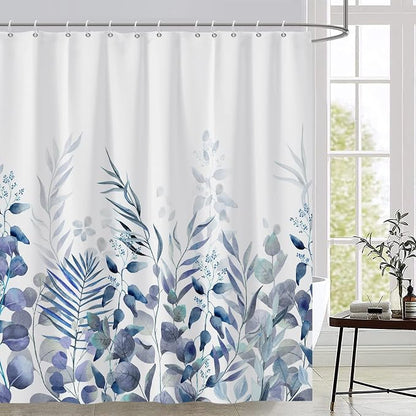 AWERT Shower Curtain Plants for Bathroom,Waterproof Quick-Drying Blue Leaves Shower Curtain Set with Hooks 72x72 Inch