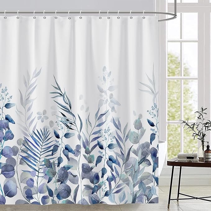 AWERT Shower Curtain Plants for Bathroom,Waterproof Quick-Drying Blue Leaves Shower Curtain Set with Hooks 72x84 Inch