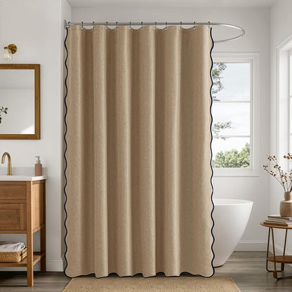 ANRODUO Khaki Scalloped Linen Textured Shower Curtain, W72 x L84 | Boho Farmhouse Shower Curtain with 12 Metal Hooks, Machine Washable Waterproof Heavy Duty Fabric for Bathroom Bathtub