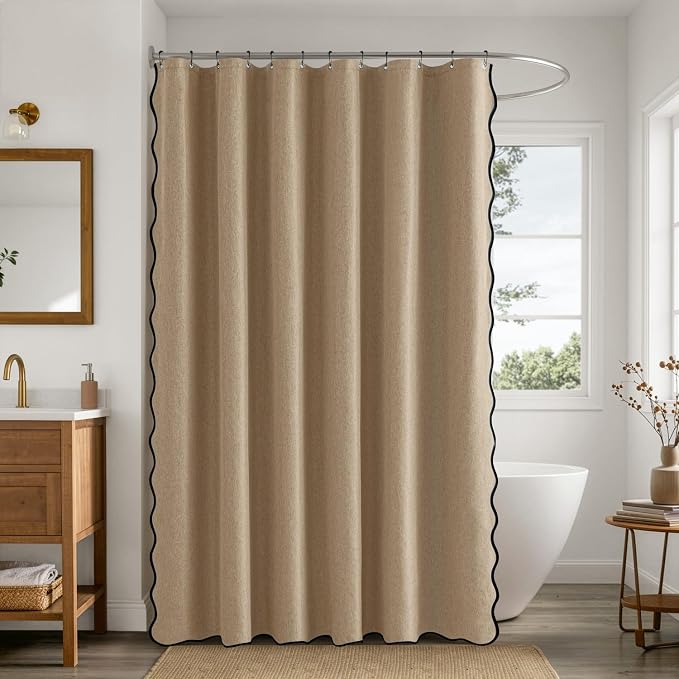 ANRODUO Khaki Scalloped Linen Textured Shower Curtain, W72 x L108 | Boho Farmhouse Shower Curtain with 12 Metal Hooks, Machine Washable Waterproof Heavy Duty Fabric for Bathroom Bathtub