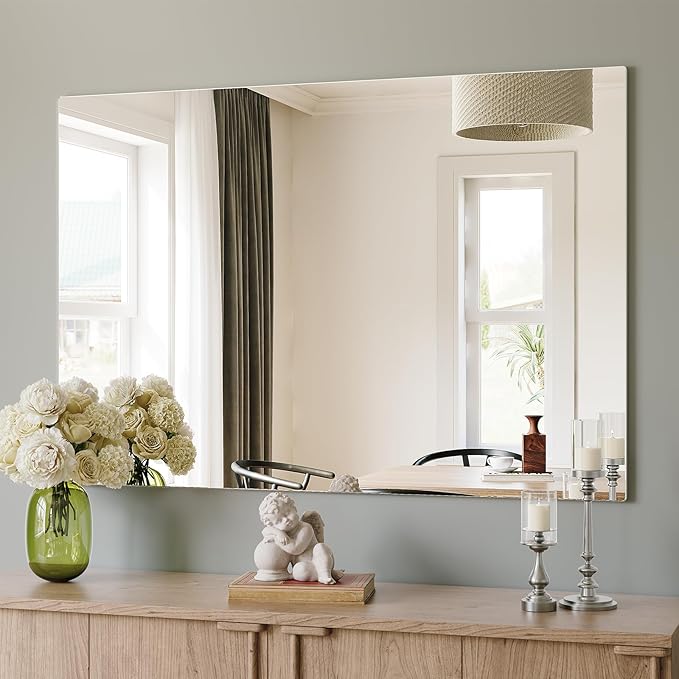 Brightify Frameless Mirror, 48x30 Inch Bathroom Mirrors for Over Sink, Tempered Glass for Gym, Yoga, Living Room, Dining Room, Bedroom, Entryway