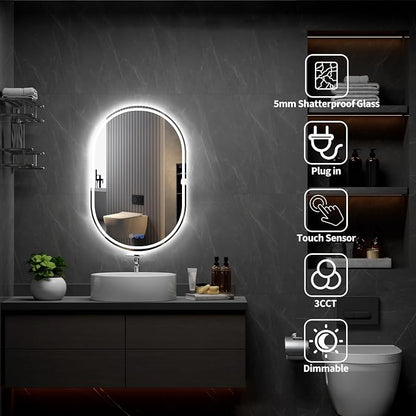 Oval LED Bathroom Mirror, 24"x 40" Frameless Lighted Mirror | LED Mirror with Front Light & Backlit, Anti-Fog, Dimmable Wall Mounted Lighted Mirror, Pill-Shaped Smart Bathroom Mirror