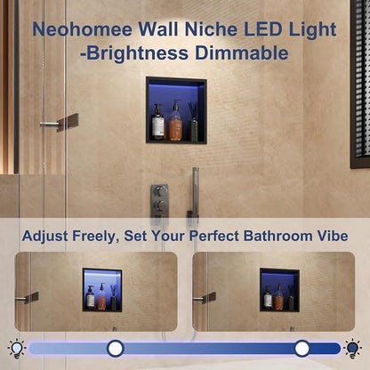 RGB LED Light Shower Niche, Matte Black 12X12 in Stainless Steel Recessed Storage with Remote Control, Waterproof No Tile Needed Wall Niche for Bathroom Storage Built-in Installation