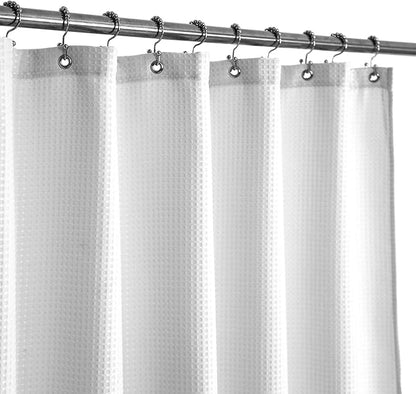 Barossa Design Waffle Weave Shower Curtain 66 x 72 inch, Hotel Luxury Spa, 230 GSM Heavy Duty Fabric, Water Repellent, Machine Washable, White Pique Pattern Decorative Bathroom Curtain, 66x72
