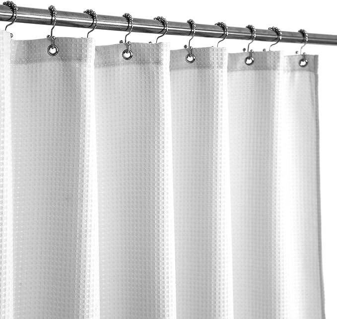 Barossa Design Fabric Shower Curtain 60 x 72 inch, Waffle Weave, Hotel Luxury Spa, 230 GSM Heavyweight, Water Repellent, Machine Washable, White Pique Pattern Decorative Bathroom Curtain