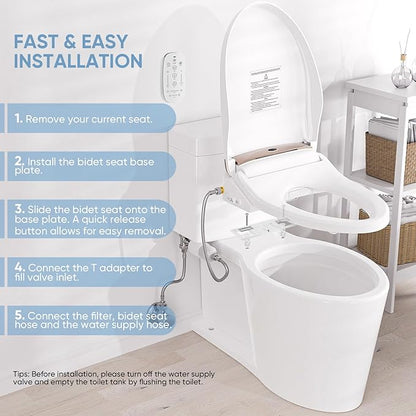 LEIVI Electric Bidet Toilet Seat with Wireless Remote and Side Panel, Multiple Spray Modes, Adjustable Heated Seat, Warm Water and Air Dryer, Auto LED Nightlight, Elongated