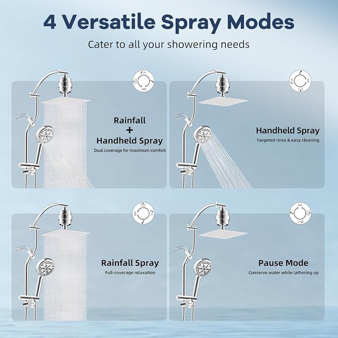 Hibbent 10'' Filtered Shower Head & Filtered 10-Mode Handheld Combo, Chrome | All Metal Stainless Steel Rain Showerhead, 4-way Diverter, Heightened All Metal Extension Arm, 71'' Hose & Holder, Easy Reach