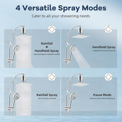 Hibbent 10'' Filtered Shower Head & Filtered 10-Mode Handheld Combo, Chrome | All Metal Stainless Steel Rain Showerhead, 4-way Diverter, Heightened All Metal Extension Arm, 71'' Hose & Holder, Easy Reach