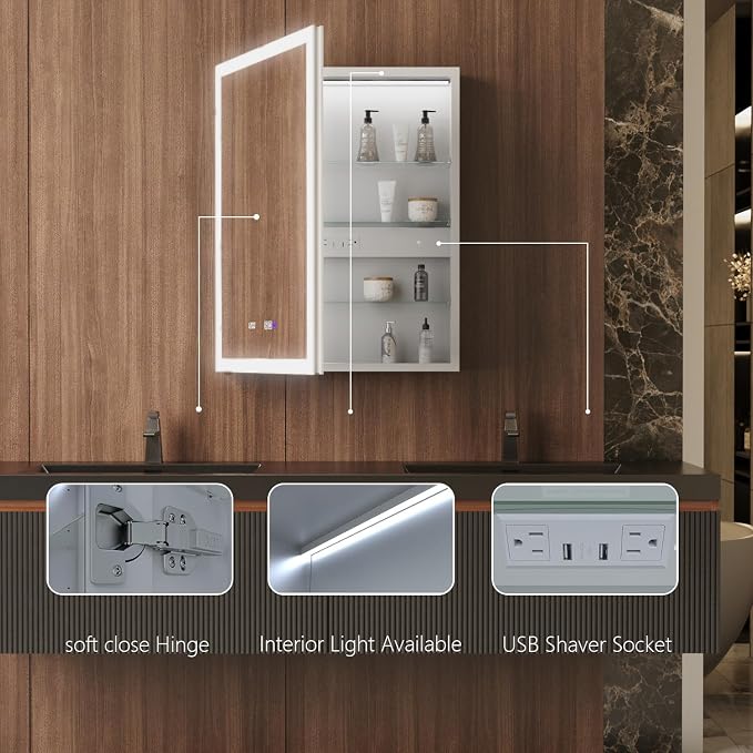 24 in. W Smart Lighted Medicine Cabinet with Mirror for Bathroom, Recessed/Surface Mount Medicine Cabinet with Anti-Fog, 1800W Charging Station, USB Ports, 3 Color Lights, Left Open