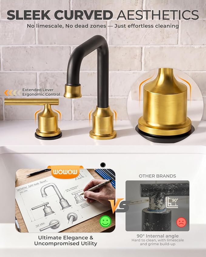 WOWOW Black Gold Bathroom Faucet 3 Hole, Widespread Vanity Sink Faucets | Copper Inlet 8 Inich Faucet for Bathroom Sink with Swivel Spout, 2 Handles Lavatory Tap with Drain and cUPC Supply Line