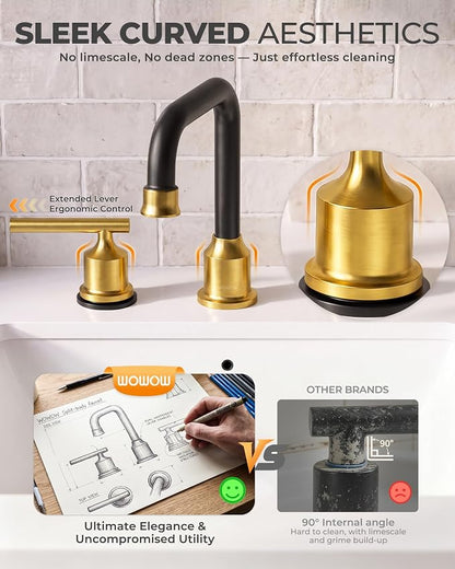 WOWOW Black Gold Bathroom Faucet 3 Hole, Widespread Vanity Sink Faucets | Copper Inlet 8 Inich Faucet for Bathroom Sink with Swivel Spout, 2 Handles Lavatory Tap with Drain and cUPC Supply Line
