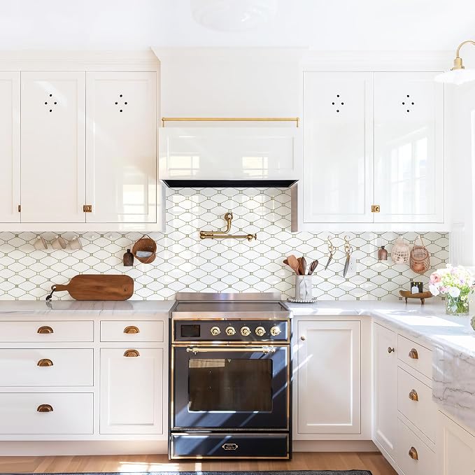 STICKGOO 1 Sheet Peel and Stick Backsplash, Glossy White PVC Mixed Metal Gold Kitchen Backsplash, Stick on Wall Tiles for Kitchen, Bathroom, RV